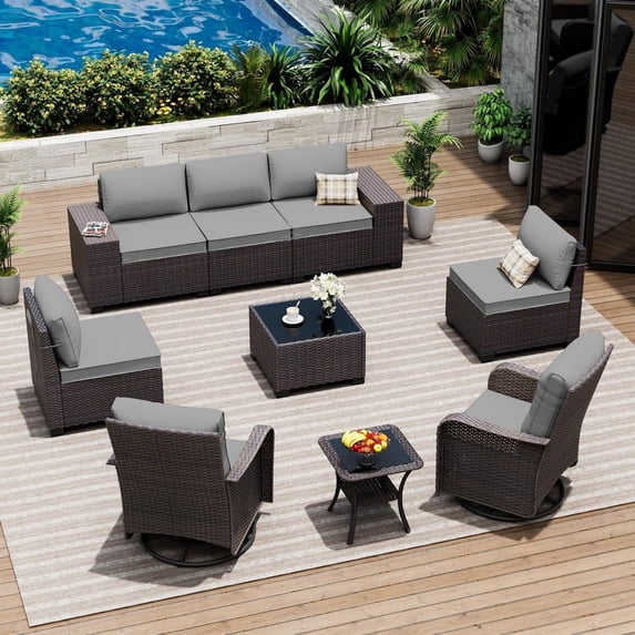 ASJMR 9 Pieces Outdoor Patio Furniture Sets with 2 Swivel Chairs and Cusions,PE Rattan Wicker Conversation Outside Sectional Sofa Set,Grey
