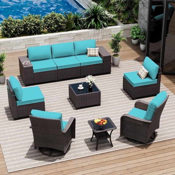 ASJMR 9 Pieces Outdoor Patio Furniture Sets with 2 Swivel Chairs and Cusions,PE Rattan Wicker Conversation Outside Sectional Sofa Set,Green