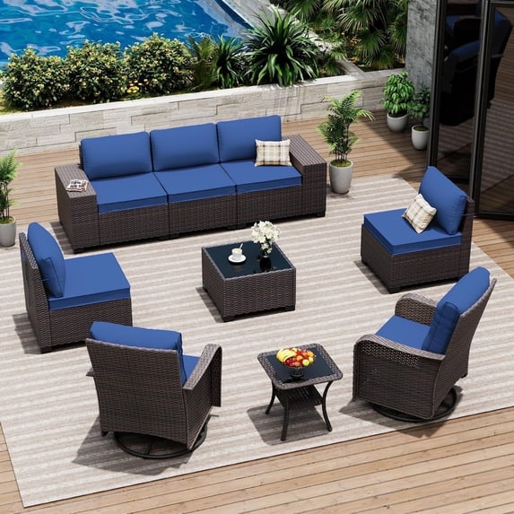 ASJMR 9 Pieces Outdoor Patio Furniture Sets with 2 Swivel Chairs and Cusions,PE Rattan Wicker Conversation Outside Sectional Sofa Set,Navy