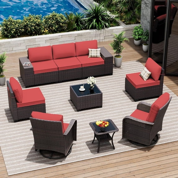 ASJMR 9 Pieces Outdoor Patio Furniture Sets with 2 Swivel Chairs and Cusions,PE Rattan Wicker Conversation Outside Sectional Sofa Set,Red