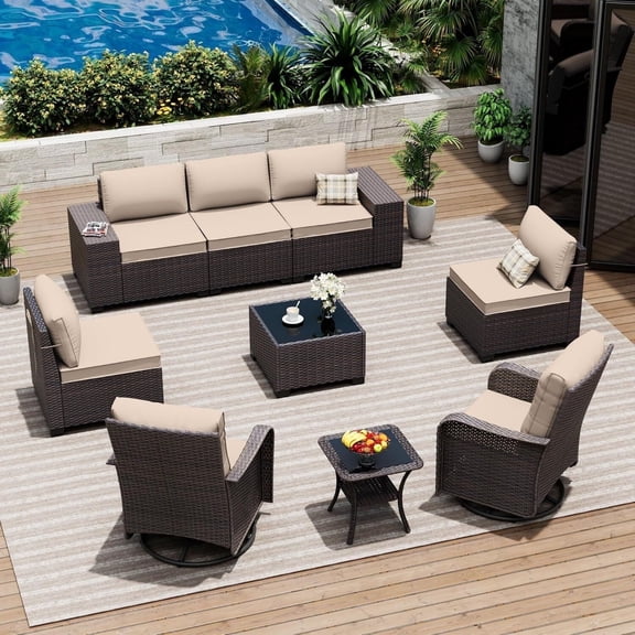 ASJMR 9 Pieces Outdoor Patio Furniture Sets with 2 Swivel Chairs and Cusions,PE Rattan Wicker Conversation Outside Sectional Sofa Set,Sand