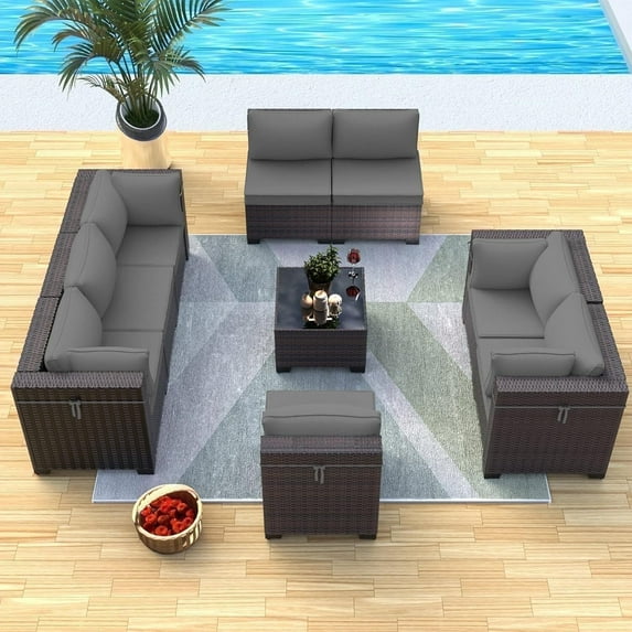 ASJMR 9 Pieces PE Rattan Patio Furniture Conversation Set Outdoor All-Weather Sectional Sofa Set For Garden Backyard,Gray