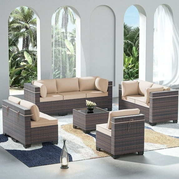 ASJMR 9 Pieces PE Rattan Patio Furniture Conversation Set Outdoor All-Weather Sectional Sofa Set For Garden Backyard,Sand、