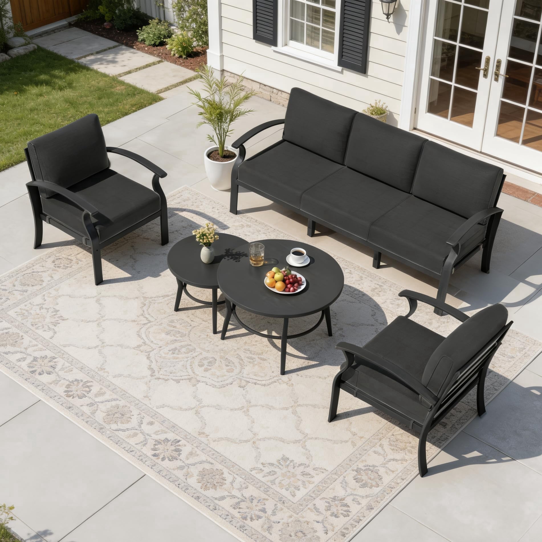 ASJMR Aluminum Patio Furniture Set 5-Seat Modern Metal Outdoor Conversation Sets w/5.1 Inch Cushion Patio Sectional Sofa with 2 Round Coffee Tables, Black