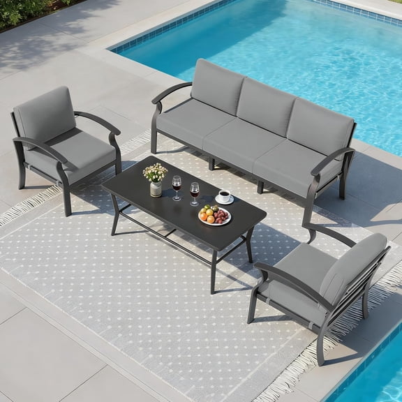 ASJMR Aluminum Patio Furniture Set 5-Seat Modern Metal Outdoor Conversation Sets w/5.1 Inch Cushion Patio Sectional Sofa with Rectangular Coffee Table, Grey