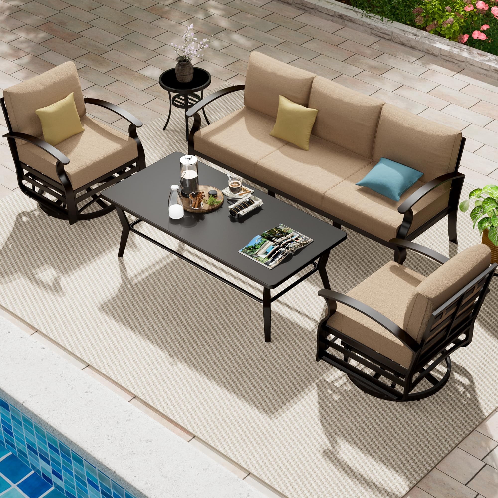 ASJMR Aluminum Patio Furniture Set 5-Seat Modern Outdoor Conversation Sets w/Swivel Rocking Chairs with Rectangular Coffee Table, Sand