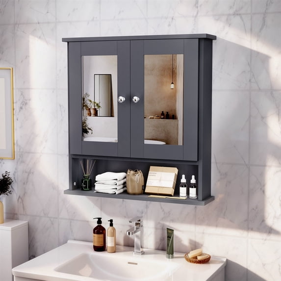 ASJMR Bathroom Wall Cabinet with Mirror, Bathroom Medicine Cabinet with 2 Doors , Wall-mounted Storage Cabinet with Adjustable Shelves (Suitable for Bathrooms, Laundry Rooms and Kitchens), Gray
