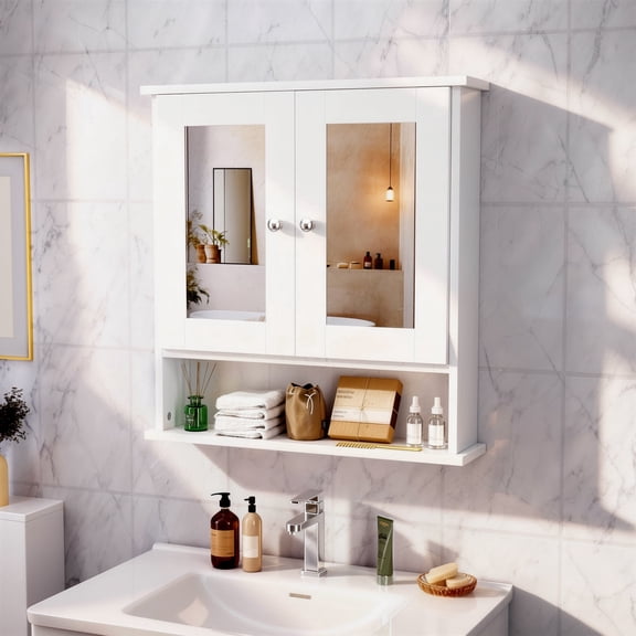ASJMR Bathroom Wall Cabinet with Mirror, Bathroom Medicine Cabinet with 2 Doors , Wall-mounted Storage Cabinet with Adjustable Shelves (Suitable for Bathrooms, Laundry Rooms and Kitchens), White
