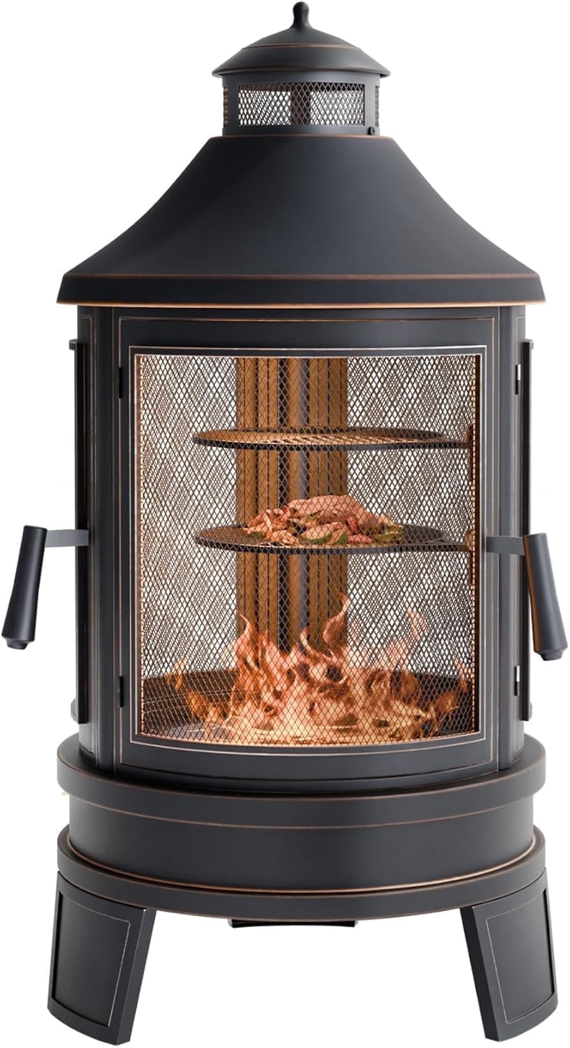 ASJMR Fire Pits for Outside Wood Burning, 2 Grills, Smokeless Structure,3-Sided Openable Metal Mesh for Patio, Picnic, Party