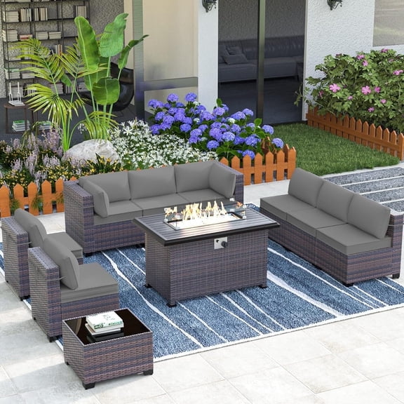 ASJMR Outdoor Garden 10 Piece Patio Furniture with 43" Propane Gas Fire Pit Table,All Weather Outdoor Sectional PE Wicker Rattan Conversation Set,Gray