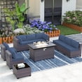 thumbnail image 1 of ASJMR 10 Piece Patio Furniture with 43" Propane Gas Fire Pit Table,All Weather Outdoor Sectional PE Wicker Rattan Conversation Set,Navy, 1 of 9