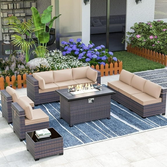 ASJMR Outdoor Garden 10 Piece Patio Furniture With 43" Propane Gas Fire Pit Table,All Weather Outdoor Sectional PE Wicker Rattan Conversation Set,Sand