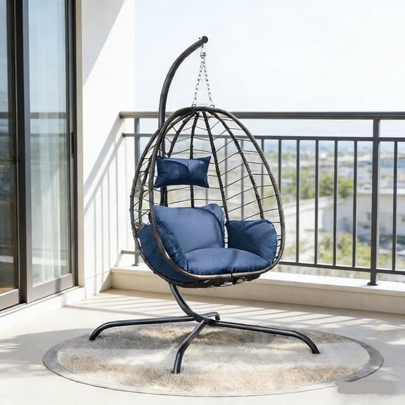 ASJMR Outdoor Hanging Egg Chair with Stand, Foldable Wicker Patio Swing Chair with Removable Cushion and Headrest,Blue