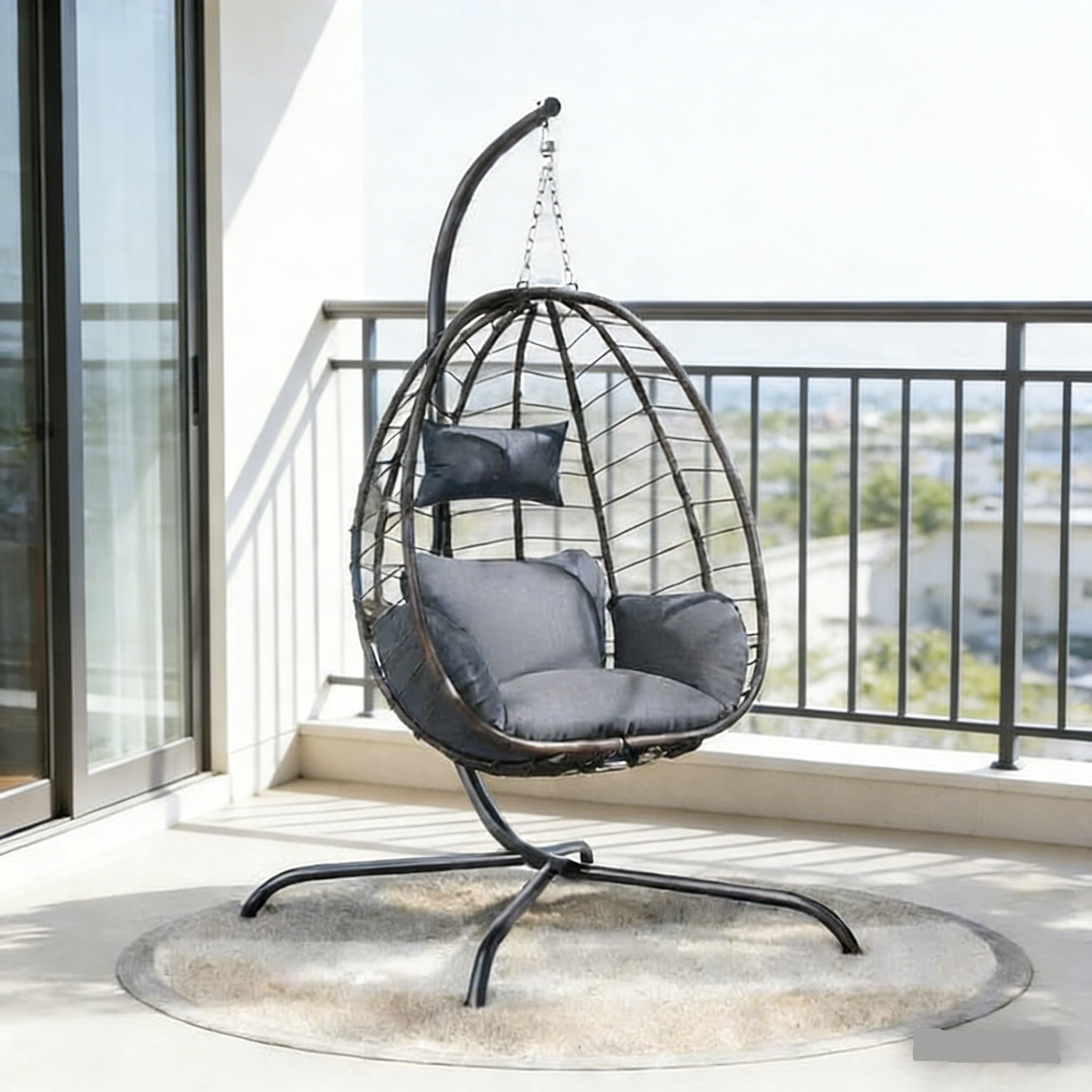 ASJMR Outdoor Hanging Egg Chair with Stand, Foldable Wicker Patio Swing Chair with Removable Cushion and Headrest,Grey
