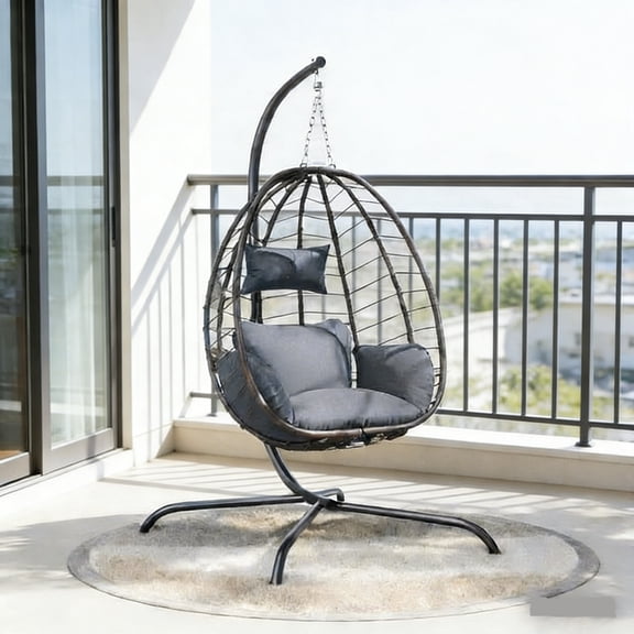 ASJMR Outdoor Hanging Egg Chair with Stand, Foldable Wicker Patio Swing Chair with Removable Cushion and Headrest,Grey