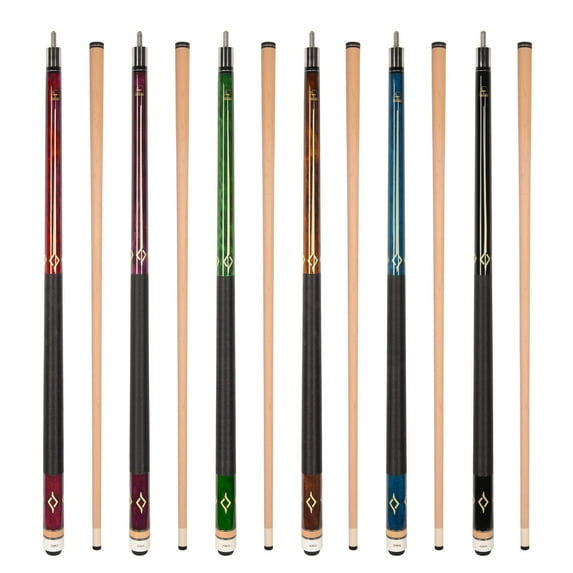 ASKA Set of 6 L7 Pool Cue Sticks 58", 2-Piece Construction, 5/16x18 Joint, Hard Rock Canadian Maple, 13mm Hard Glued On Tip, Mixed Weights and Colors, L7S6