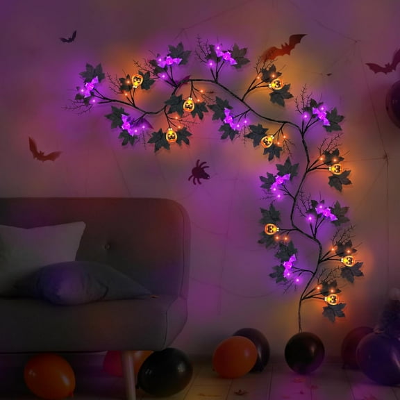 ASKETAM 6FT Halloween Willow Vine Lights, 54 LED with Pumpkin & Orange, 8 Modes, Waterproof (Purple)