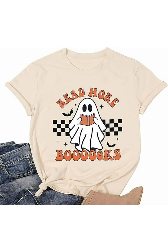 Halloween Shirts for Women - Groovy Read More Books Ghost T-Shirt Khaki (XXL)