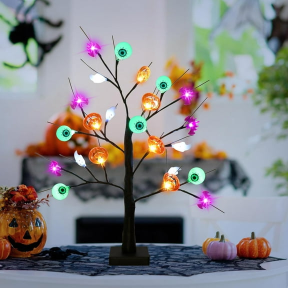 ASKETAM Halloween Table Decor 24" Lighted Birch Tree with 24 LED Lights, Ghost Pumpkin Bat Eyeball