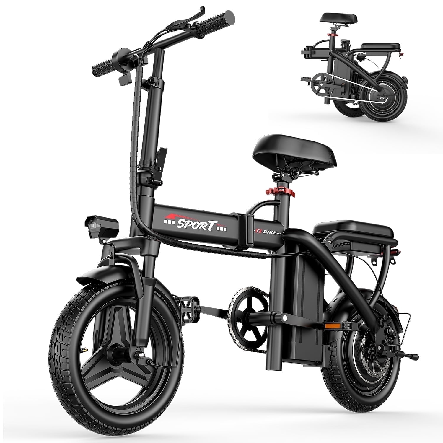 ASKGO Electric Bike for Adults Teens, 750W Peak Folding Ebike, 20MPH & 25/40 Miles Range, 14" Commuting Ebike with Front Suspension & Dual Brake, 3-Speed Modes, Portable Electric Mini Bike