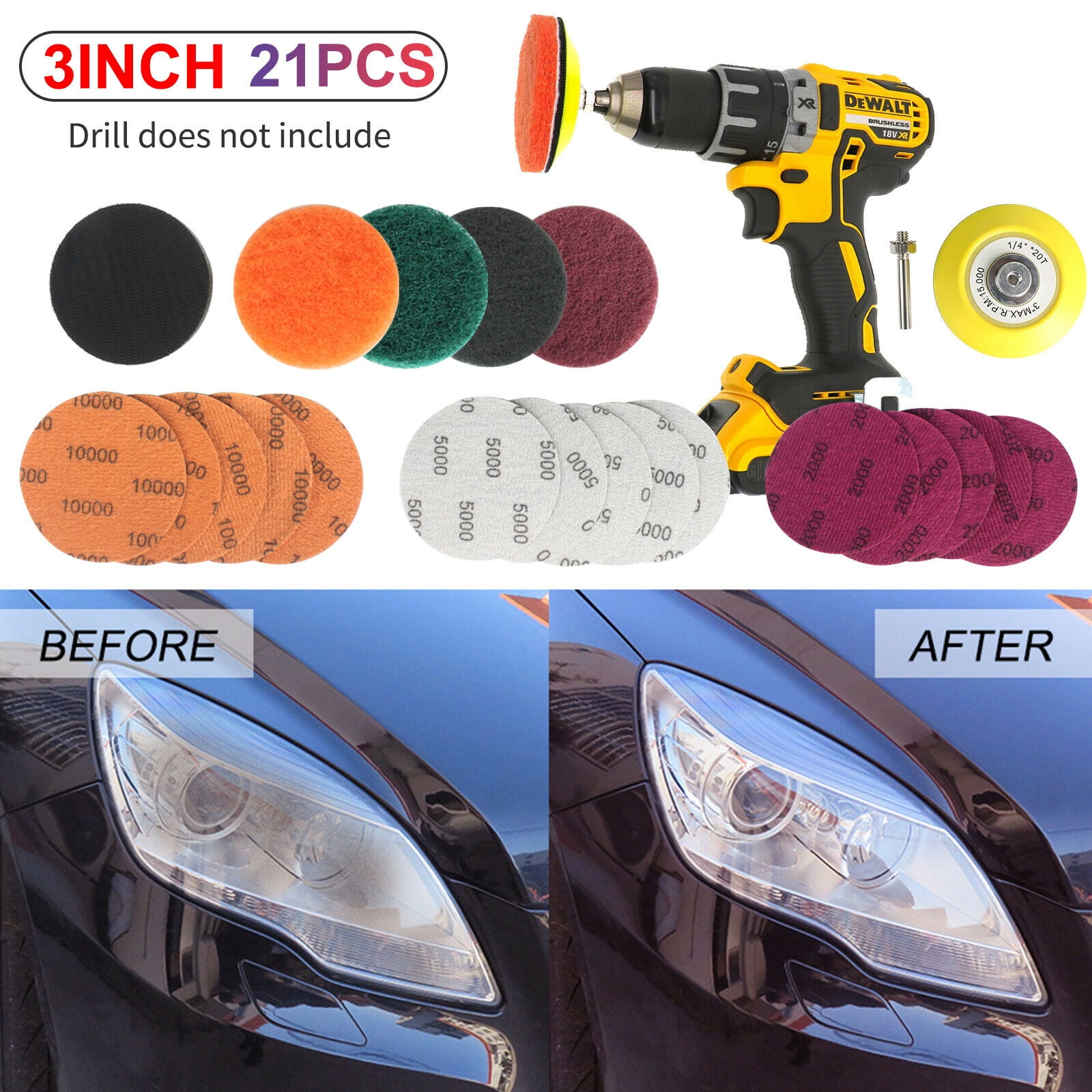 ASKITO 21 Pcs Pro Car 3" Polishing Cleaner Cleaning Tool Headlight Lens Restoration Repair Kit