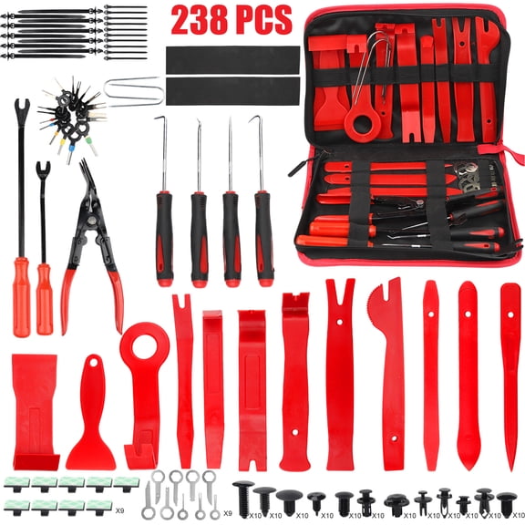 ASKITO 238Pcs Trim Removal Tool Kit, Auto Pry Tool Set for Door Panel, Dashboard, Radio & Bumper Clips - Non-Scratch Fastener Remover with Storage Bag for Car Interior & Exterior Repair, Red