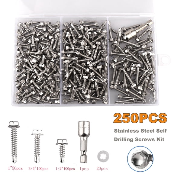 ASKITO 250PCS Self Tapping Screws for Metal, Stainless Steel Screws Assortment Kit with Hex Nut Sleeve and Sealing Washers, 3 Sizes #8 1/2 Inch, 3/4 Inch and 1 Inch Length Screws, Silver