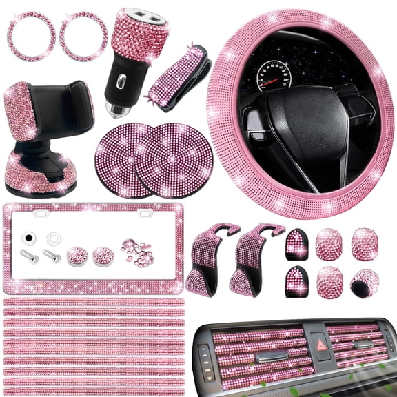 AIRKOUL 27 Pcs Bling Car Accessories Set for Women, 15 Inch Steering Wheel Covers, Universal Reinestone Vehicle Decorations, Pink