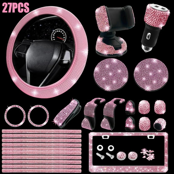 ASKITO 27 Pcs Bling Car Accessories Set for Women, 15 Inch Steering Wheel Covers, Universal Reinestone Vehicle Decorations, Pink