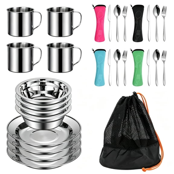 ASKITO 29pcs Stainless Steel Utensils Camping Mess Kits for 4 Person with Bowls Plates Cups Forks Spoons and Knives, Camping Cutlery Set for Backpacking, Family, Outdoor Hiking and Picnic