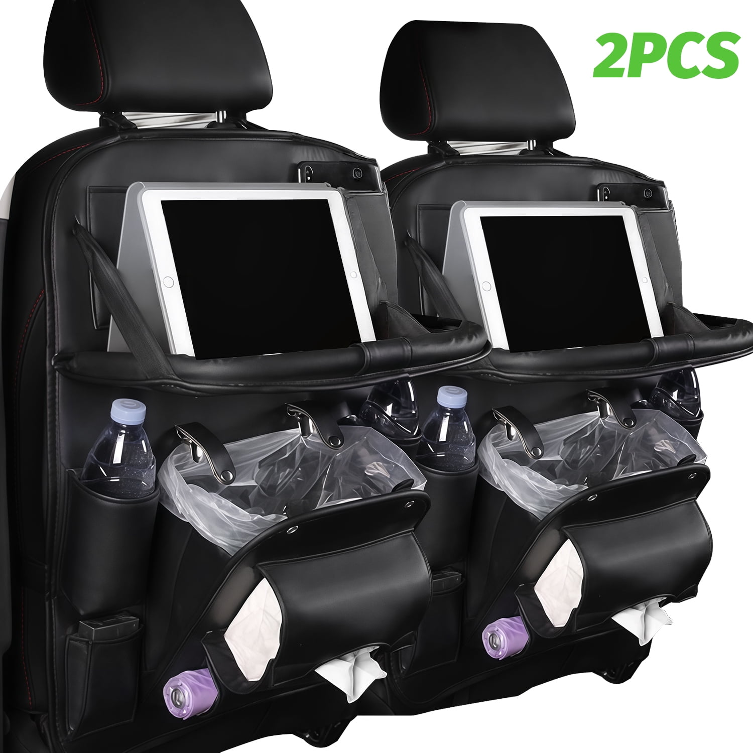 ASKITO 2PCS Car Backseat Organizer with Foldable Tray, PU Leather Universal Car Seat Protector for Kids, Pets & Travel Accessories, Black