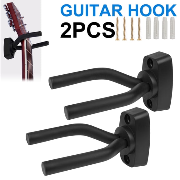 ASKITO 2Pcs Guitar Wall Hanger, Black Guitar Wall Hooks Holder Wall Mount for Guitar, Bass, Ukulele, Mandolin & Violin, Guitar Hanger Stand Wall for Home Studio or Music Room Display