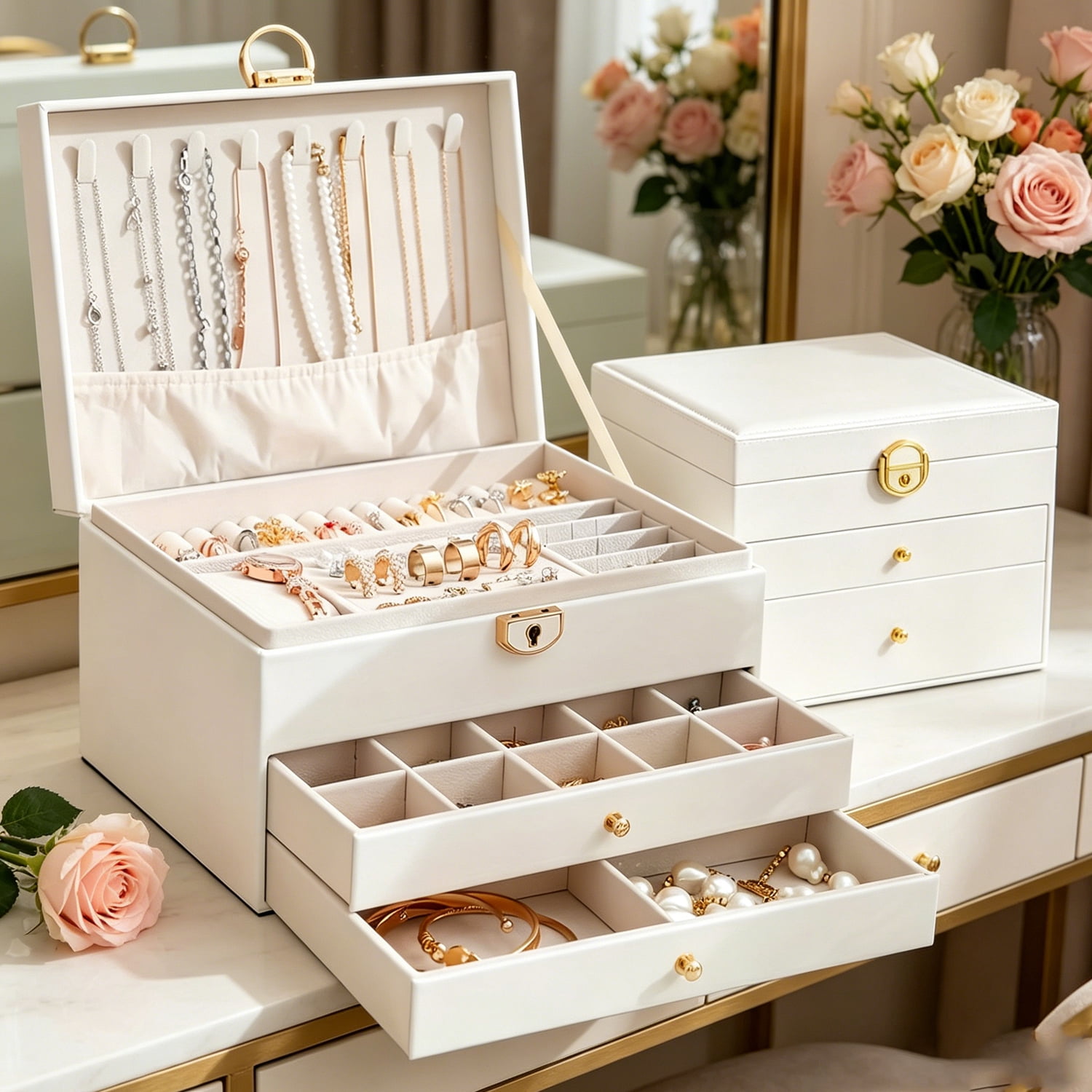 ASKITO 3 Layers Jewelry Box, Lockable Jewelry Holder Organizer with Drawer, Large Jewelry Boxes for Women Girls, Jewelry Holder for Necklace Earring Ring Bracelet Watch, White