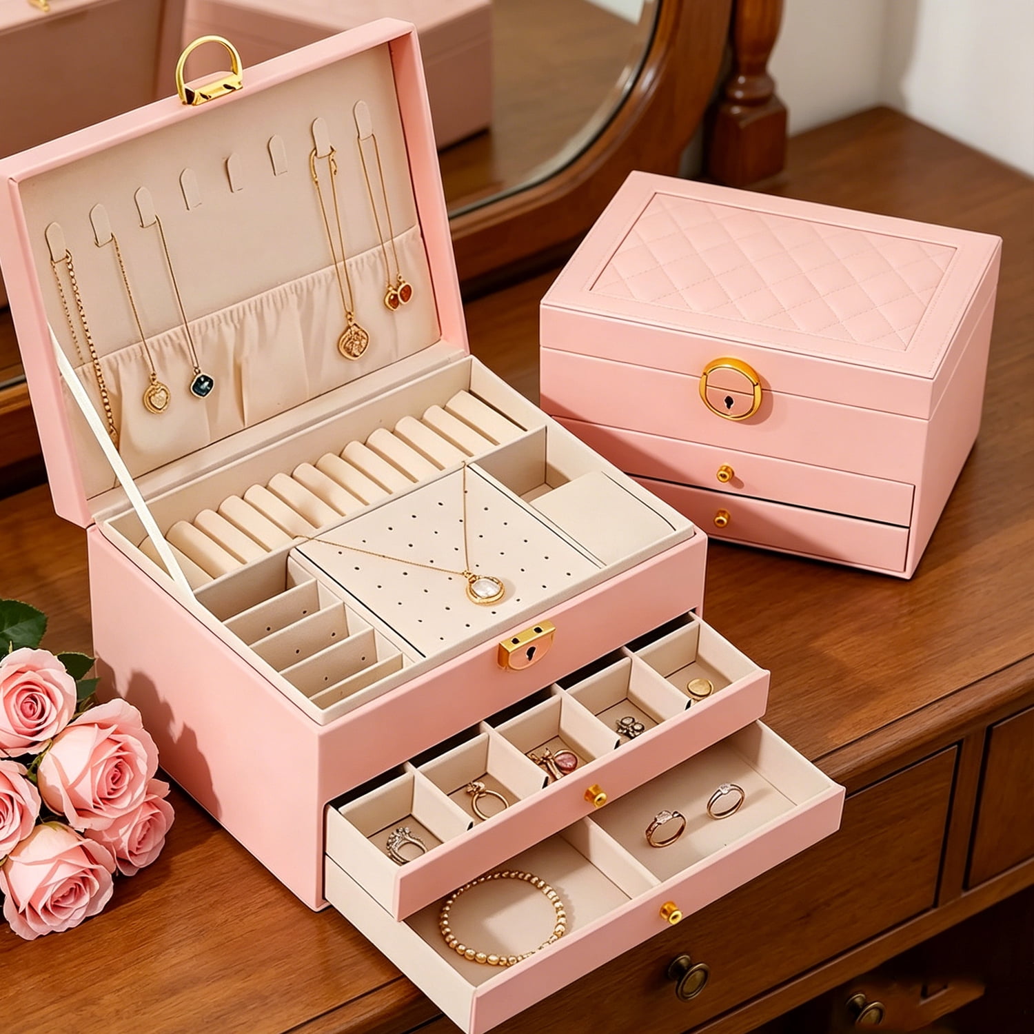 ASKITO 3 Layers Jewelry Box, Lockable Jewelry Holder Organizer with Drawer, Large Jewelry Boxes for Women Girls, Jewelry Holder for Necklace Earring Ring Bracelet Watch, Pink