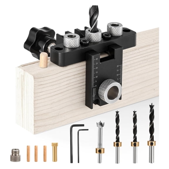 ASKITO 3-in-1 Dowel Jig Kit, Self Centering Doweling Jig for Straight Holes with Adjustable Woodworking Drill Guides Locator, Woodworking Joints Tool with 8/10/15mm Drill Bits
