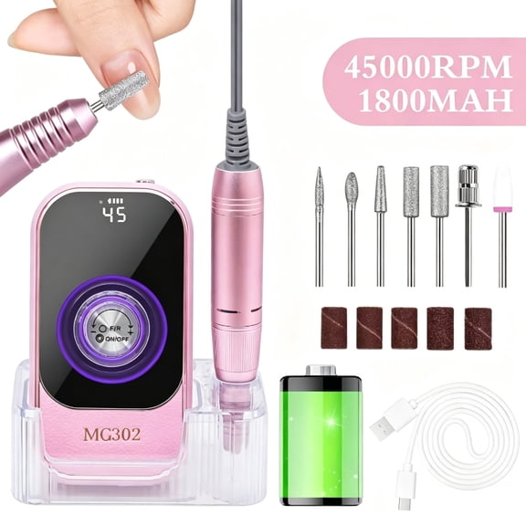 ASKITO 45000RPM Portable Nail Drill Electric File, Cordless Nail Drill with Bits & Base, Professional Rechargeable Nail E File Machine for Shaping, Removing & Polishing Gel Nails, Pink