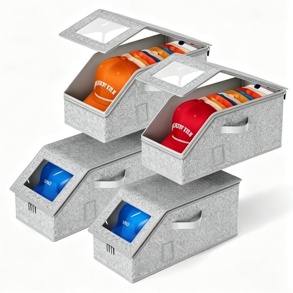 ASKITO 4 Pack Hat Organizer for Closet, Stackable Baseball Cap Storage Bin with Clear Window Lid, 48 Capacity Caps Organizer Box, Grey