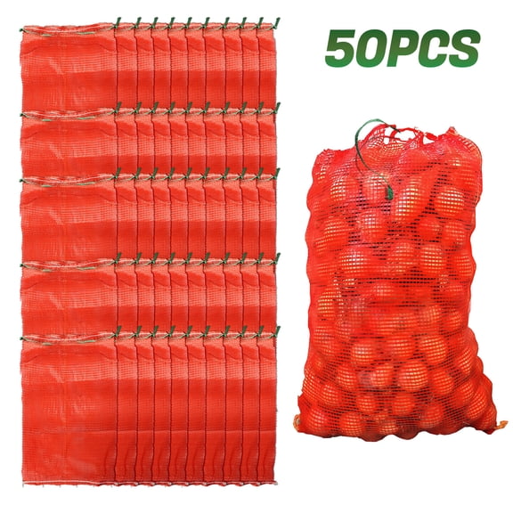 ASKITO 50Pcs Mesh Onion Bags, 14"24" Mesh Produce Bags Hanging Reusable Breathable Vegetable Storage Net Bag with Drawstring for Onions Potatoes Citrus Crawfish, Red