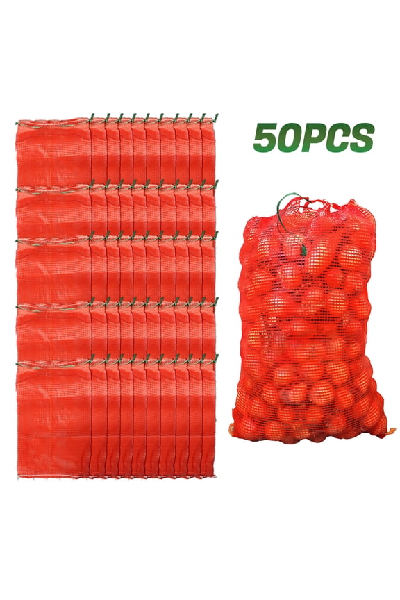 50Pcs Mesh Onion Bags, 14"24" Mesh Produce Bags Hanging Reusable Breathable Vegetable Storage Net Bag with Drawstring for Onions Potatoes Citrus Crawfish, Red