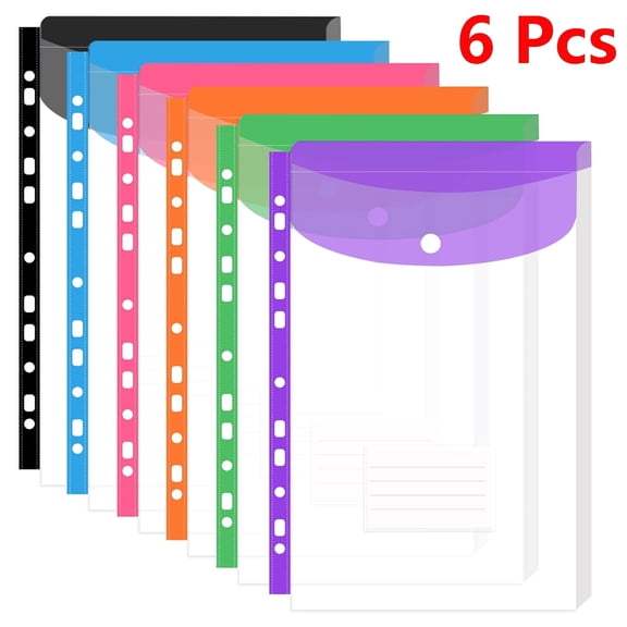 ASKITO 6 Pack Binder Pockets with 11 Holes & Snap Closure, Expandable Plastic Envelope Folders for 2/3/4 Ring Binders, High-Capacity Storage for A4 Documents, Homework & Office Supplies