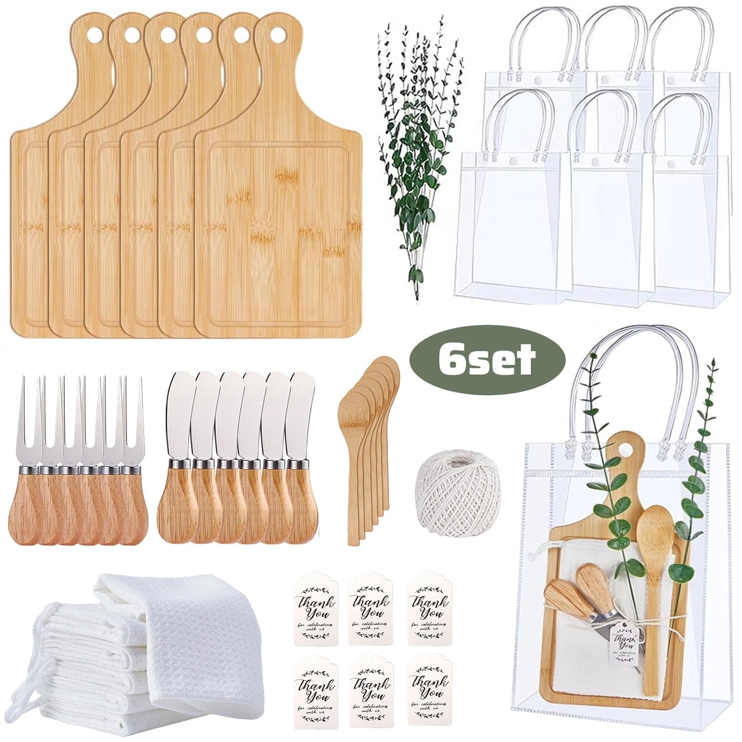 ASKITO 6 Sets Baby Shower Prizes for Game Winners Bamboo Cheese Board Spoon Fork Butter Spreaders Towel Thank You Card and Gift Bags for Baby Shower Wedding Bridal Shower Favors