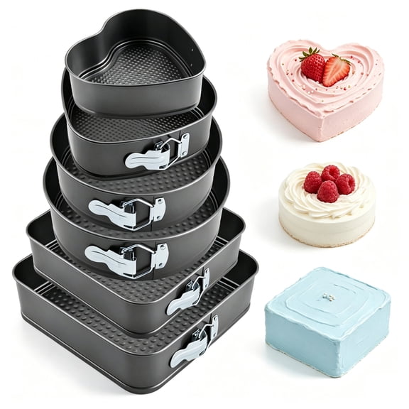 ASKITO 6Pcs Springform Cake Pan Set, 7 7.8 8.6 9 10 11inch Heart Round Square Leakproof Non-Stick Removable Bottom Cake Pan For Cheesecake Pizza Quiches