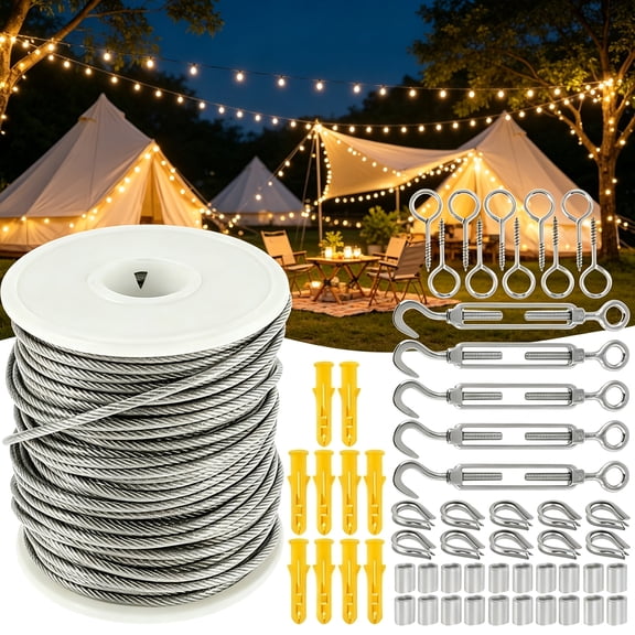 ASKITO 98 FT Stainless Steel Wire Rope Kit, PVC-coated String Lights Hanging Wires for Outdoor Camping, Trellis, Garden, Clothes line, Curtain, Festival