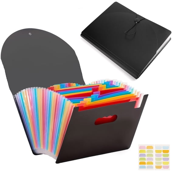 ASKITO Accordion File Organizer, 25 Pockets Expanding File Folder, Portable Monthly Paper Bill Tax Receipt Organizer, Letter A4 Size Document Holder with Blank Labels, Black