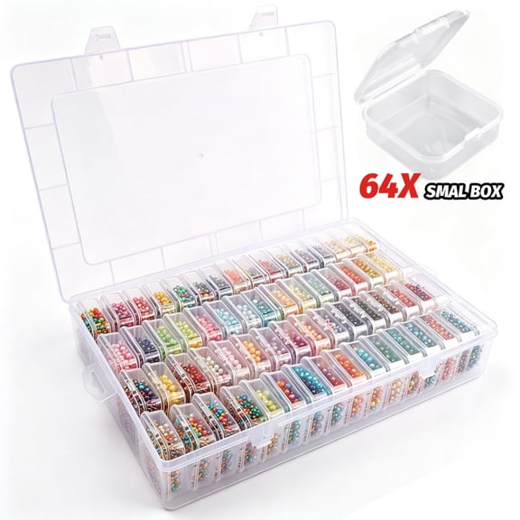 ASKITO Bead Organizer Box, 64Pcs Small Clear Storage Box, Mini Clear Dimond Storage Containers Boxes with Lid for Bracelet Making DIY Jewelry Craft Nail