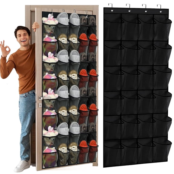 ASKITO Over The Door Shoe Organizer, 40 Grids Large Mesh Pockets with Hooks Hanging Shoe Rack Organizer for Closet Behind The Door, Multi-function Storage Holder for Entryway Bedroom Dorm, Black