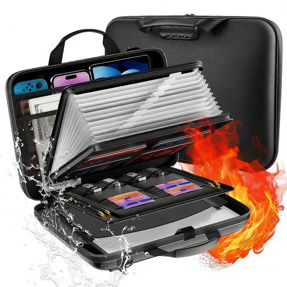 ASKITO Fireproof File Organizer with Lock, Hard-Shell Case Fireproof Document Box with 12 Pockets Accordion File Folder, Important Document Organizer for Letter A4 Files Laptop Passports, Black