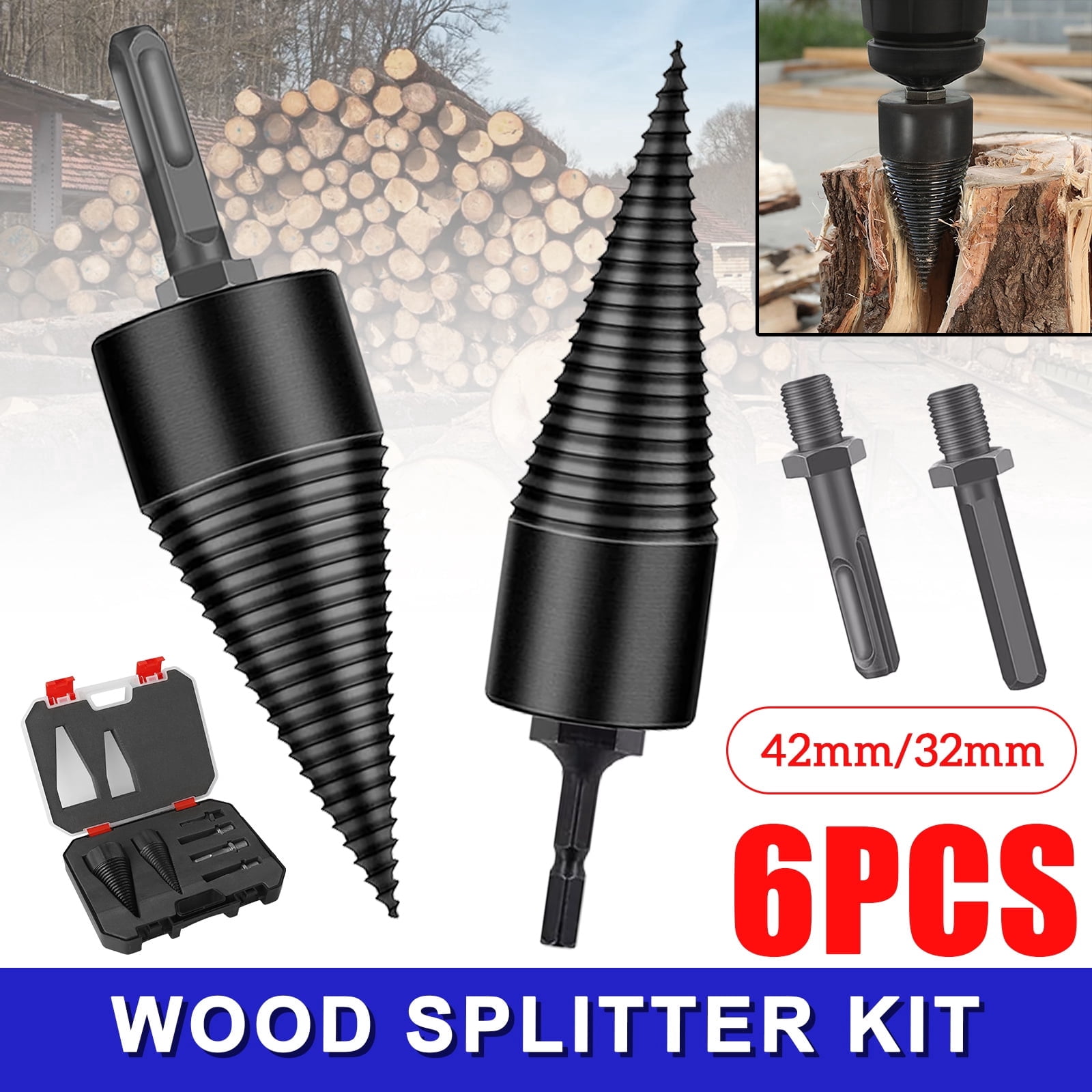 ASKITO Wood Splitting Drill Bit Set 45mm & 32mm, Heavy Duty Cone Bit for Electric Drill, Split Dry Soft Wood Easily with 4 Attachments, Log Splitter Tool Kit