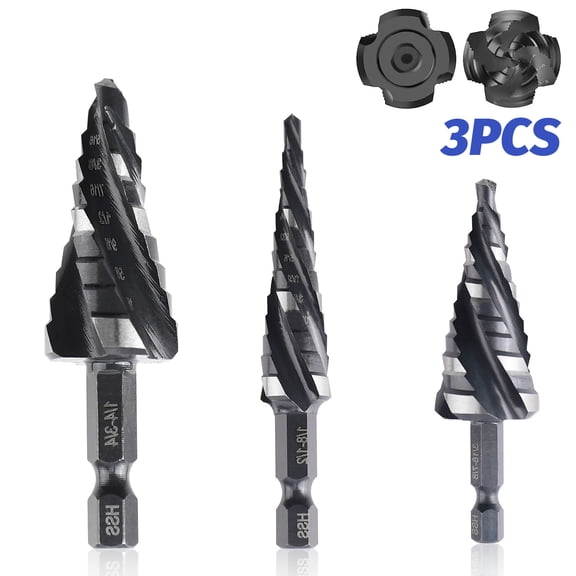 ASKITO Four Spiral Flute Step Drill Bit Set, 3 Pcs HSS Step Drill Bits (1/8"-7/8") Unibit Step Drill Bit, 1/4" Shank Step Bits for Aluminum, Wood, Plastic, Metal