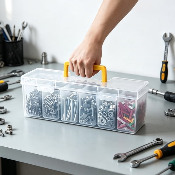 ASKITO Multi Purpose Hardware Storage Box With Removable Small Boxes, Portable Tool Organizer With Ergonomic Handle Transparent Durable Plastic Case For Screws Nails Small Parts